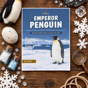 May include: A rectangular book titled Emperor Penguin with the subtitle How does a penguin protect an egg with no nest? The cover features an illustration of an emperor penguin on ice, with the text Discover, Learn, Explore and Stay Curious.