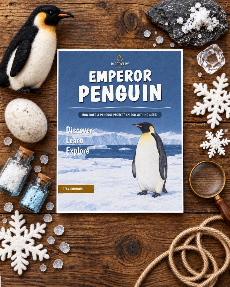 May include: A rectangular book titled Emperor Penguin with the subtitle How does a penguin protect an egg with no nest? The cover features an illustration of an emperor penguin on ice, with the text Discover, Learn, Explore and Stay Curious.