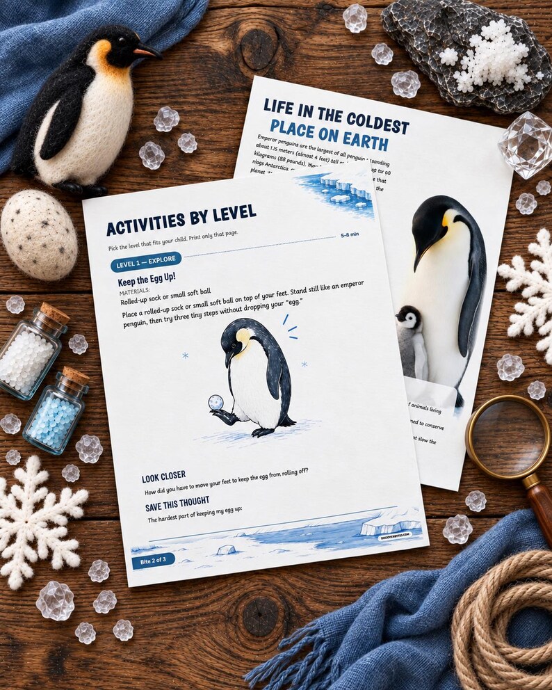 May include: Two educational activity sheets titled Activities by Level and Life in the Coldest Place on Earth, featuring emperor penguin illustrations, text, and instructions for a game called Keep the Egg Up, surrounded by a felt penguin, glass beads, and a magnifying glass.