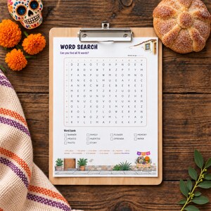 May include: A word search puzzle sheet on a wooden clipboard featuring the title WORD SEARCH, a grid of letters, and a word bank with terms like Banner, Mexico, and Family. The sheet includes illustrations of potted plants and an altar.
