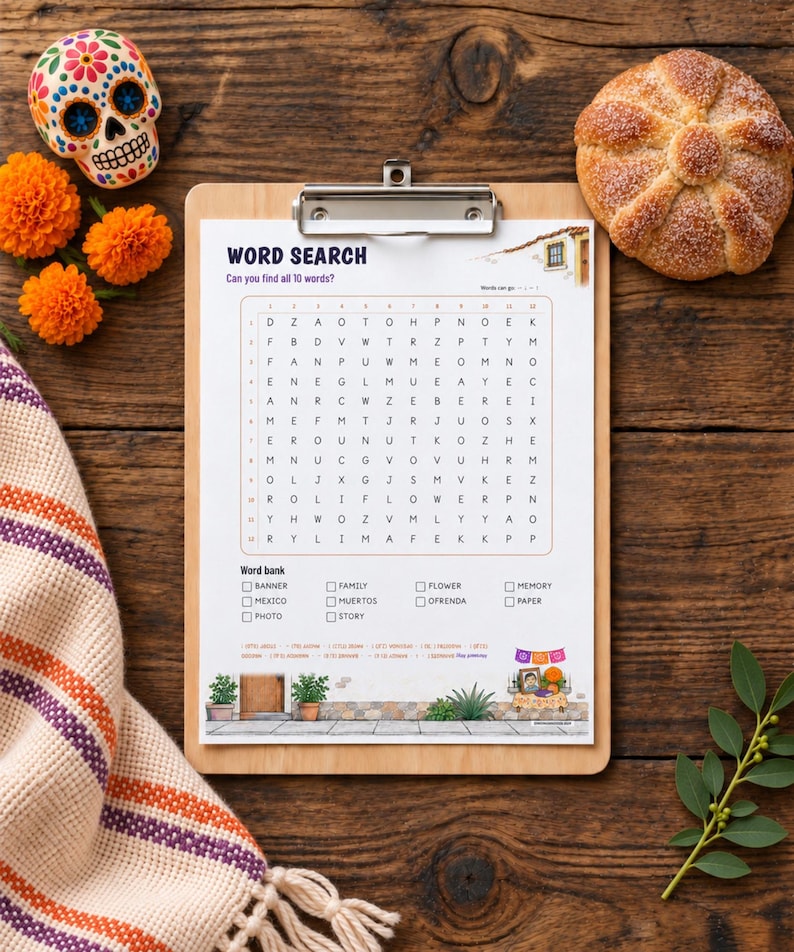May include: A word search puzzle sheet on a wooden clipboard featuring the title WORD SEARCH, a grid of letters, and a word bank with terms like Banner, Mexico, and Family. The sheet includes illustrations of potted plants and an altar.