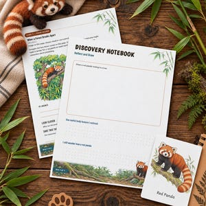 Puede incluir: Una hoja de actividades Discovery Notebook con una ilustraci&oacute;n de panda rojo, una tarjeta a juego y un peque&ntilde;o juguete de fieltro de panda rojo. El cuaderno incluye una secci&oacute;n titulada Reflect and Draw con preguntas sobre el panda rojo.