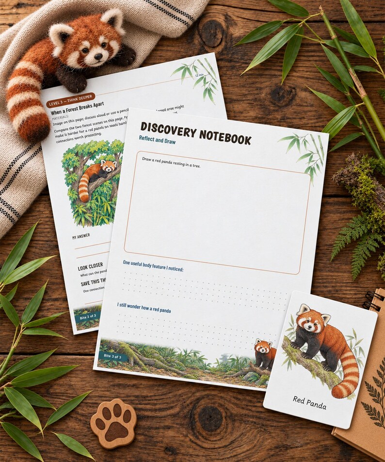 Puede incluir: Una hoja de actividades Discovery Notebook con una ilustraci&oacute;n de panda rojo, una tarjeta a juego y un peque&ntilde;o juguete de fieltro de panda rojo. El cuaderno incluye una secci&oacute;n titulada Reflect and Draw con preguntas sobre el panda rojo.