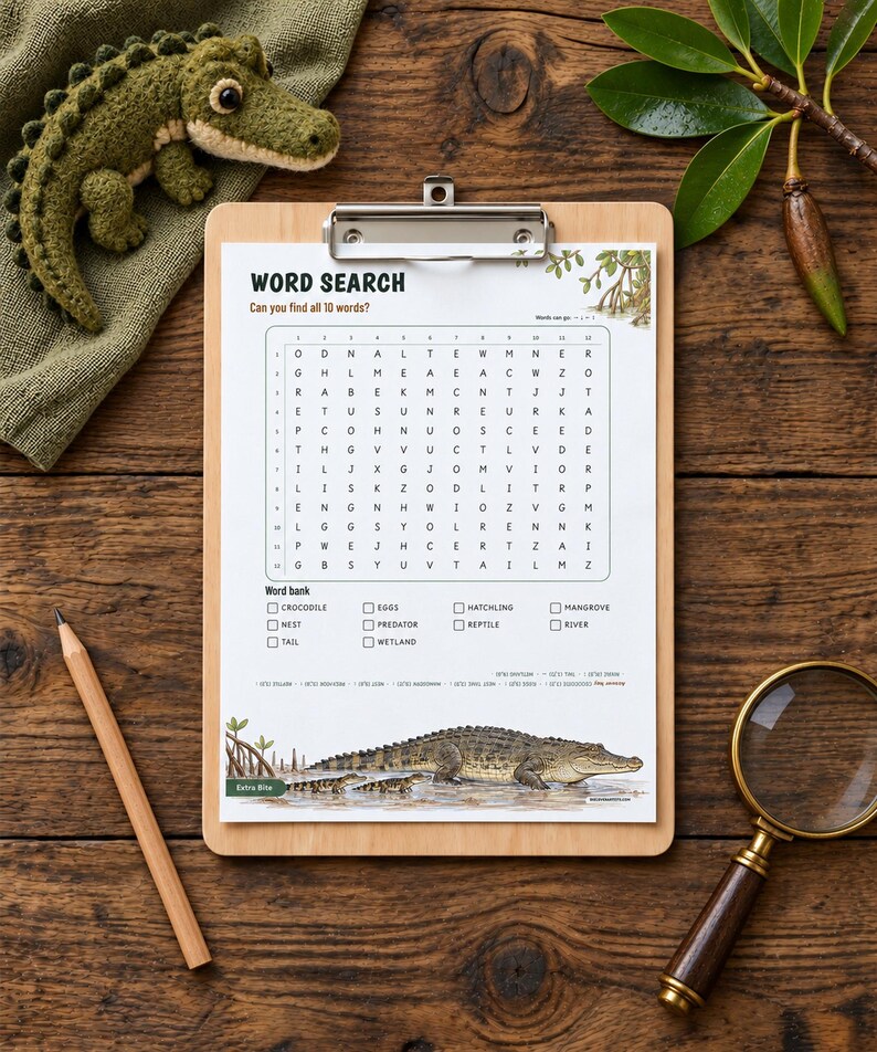 May include: A word search puzzle sheet on a wooden clipboard featuring a grid of letters, a word bank with terms like crocodile and mangrove, and an illustration of crocodiles. A wooden pencil and magnifying glass are nearby.