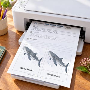 May include: A white printer outputting an educational worksheet titled Trace, Write & Explore. The page features the text Whale Shark in print and cursive, alongside two illustrations of a whale shark with the label Whale Shark below each.