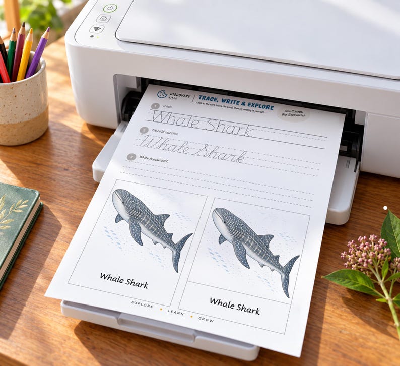 May include: A white printer outputting an educational worksheet titled Trace, Write & Explore. The page features the text Whale Shark in print and cursive, alongside two illustrations of a whale shark with the label Whale Shark below each.