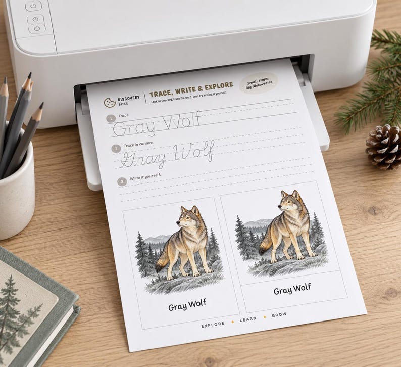 Puede incluir: Una impresora blanca emite una hoja de ejercicios titulada Discovery Bites Trace, Write & Explore. La p&aacute;gina incluye el texto Gray Wolf para calcar, pr&aacute;ctica de cursiva y dos ilustraciones de un lobo gris en un bosque con la etiqueta Gray Wolf.