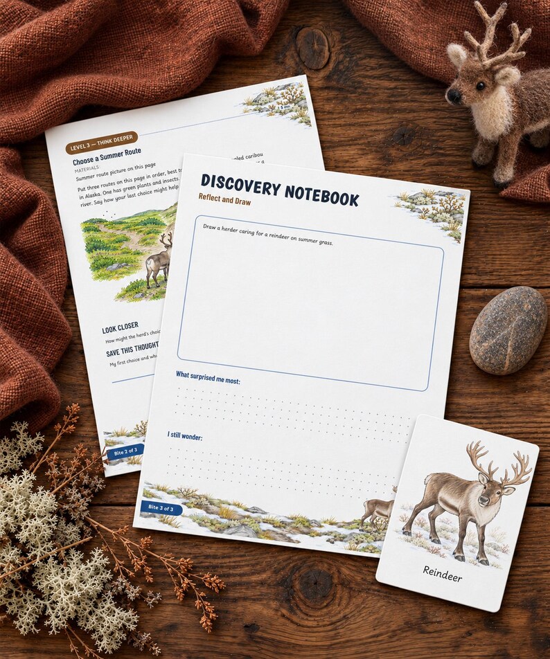 May include: Two white paper sheets titled Discovery Notebook and Choose a Summer Route with illustrations of reindeer and tundra landscapes, alongside a small rectangular card featuring a reindeer illustration and the word Reindeer.