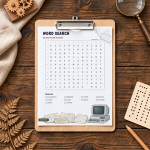 May include: A word search puzzle sheet on a wooden clipboard featuring a grid of letters, a word bank with ten terms, and an illustration of a vintage computer. The text reads WORD SEARCH, Can you find all 10 words?, and Extra Bite.