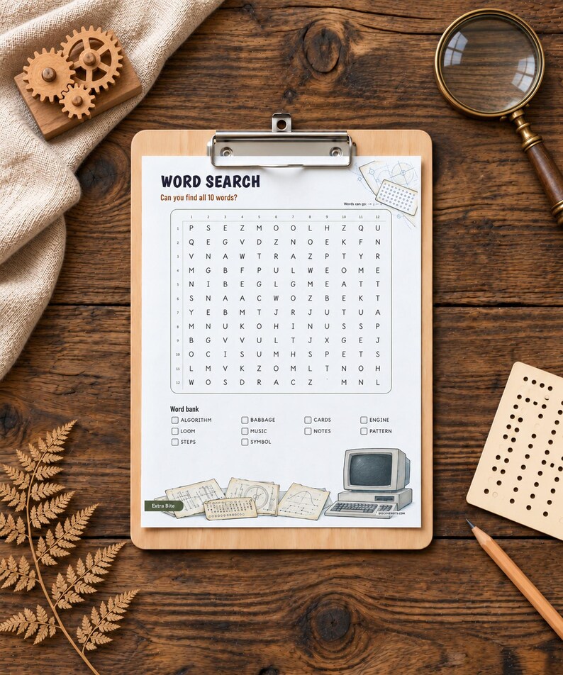 May include: A word search puzzle sheet on a wooden clipboard featuring a grid of letters, a word bank with ten terms, and an illustration of a vintage computer. The text reads WORD SEARCH, Can you find all 10 words?, and Extra Bite.