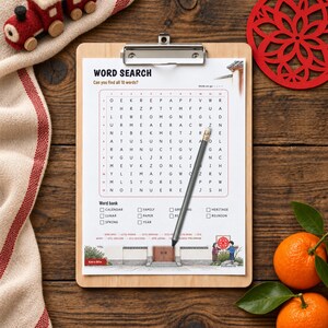 May include: A word search puzzle sheet on a wooden clipboard with a pencil resting on the grid. The sheet features the title WORD SEARCH, a letter grid, a word bank with terms like CALENDAR and FAMILY, and an illustration of a building entrance.