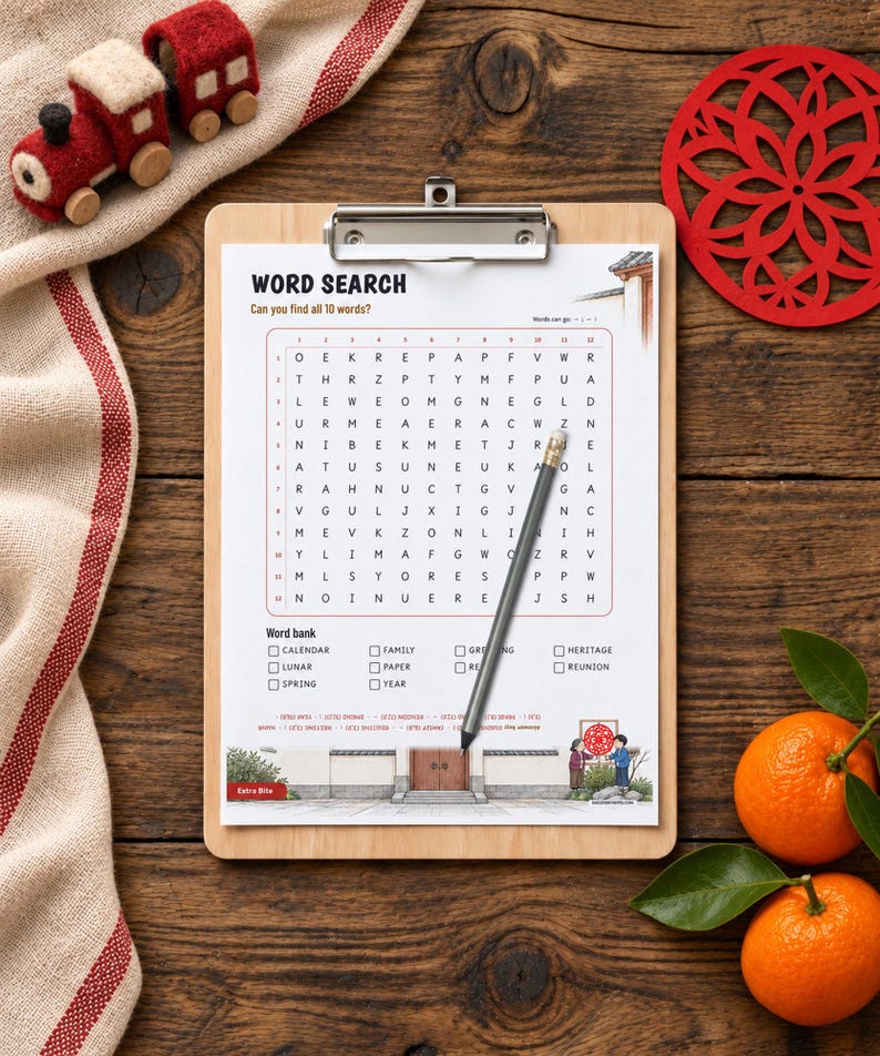 May include: A word search puzzle sheet on a wooden clipboard with a pencil resting on the grid. The sheet features the title WORD SEARCH, a letter grid, a word bank with terms like CALENDAR and FAMILY, and an illustration of a building entrance.