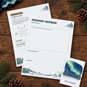May include: Two white paper sheets titled Discovery Notebook and Level 3 Think Deeper with printed text and illustrations of snowy pine trees. A small rectangular card features an illustration of the Aurora Borealis with the text Aurora Borealis.