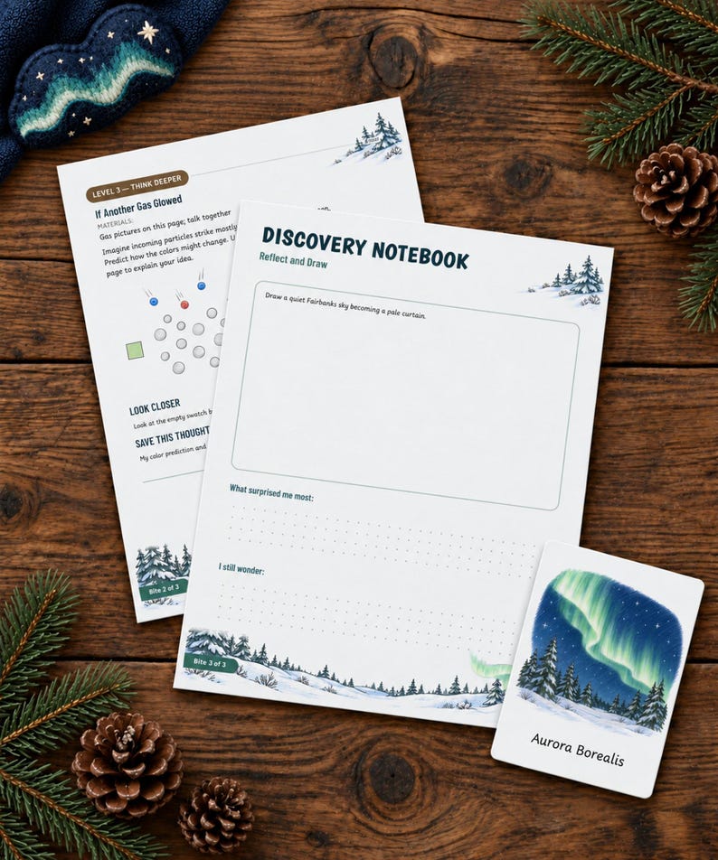 May include: Two white paper sheets titled Discovery Notebook and Level 3 Think Deeper with printed text and illustrations of snowy pine trees. A small rectangular card features an illustration of the Aurora Borealis with the text Aurora Borealis.