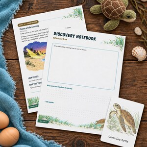 Puede incluir: Una hoja de actividades Discovery Notebook con una secci&oacute;n para dibujar una tortuga marina, acompa&ntilde;ada de una p&aacute;gina de instrucciones, una tarjeta informativa sobre la tortuga verde y una tortuga de ganchillo.