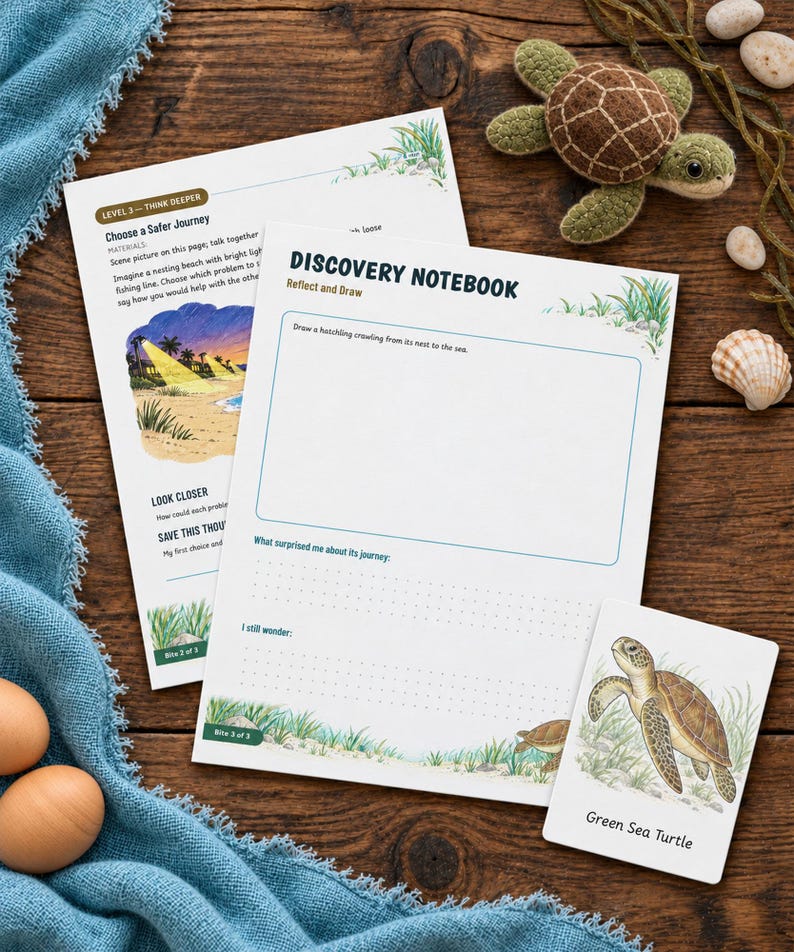 Puede incluir: Una hoja de actividades Discovery Notebook con una secci&oacute;n para dibujar una tortuga marina, acompa&ntilde;ada de una p&aacute;gina de instrucciones, una tarjeta informativa sobre la tortuga verde y una tortuga de ganchillo.