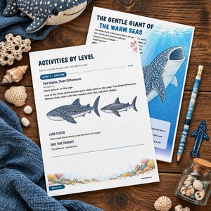 May include: Two educational activity sheets about sharks featuring text, illustrations of a whale shark and a great white shark, and coral reef graphics. Includes a plush whale shark, seashells, a pencil, and a jar of small shells.