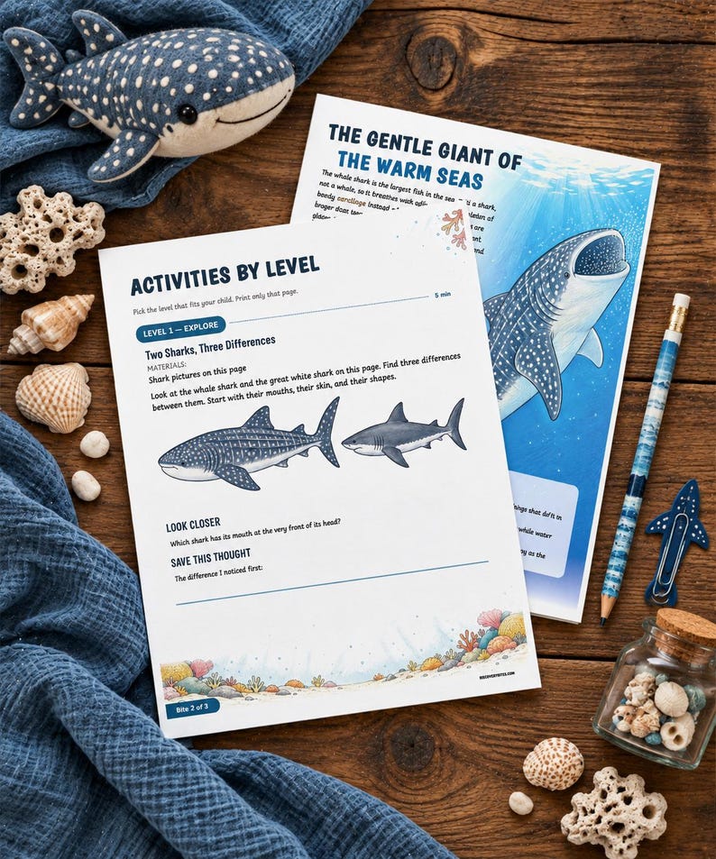 May include: Two educational activity sheets about sharks featuring text, illustrations of a whale shark and a great white shark, and coral reef graphics. Includes a plush whale shark, seashells, a pencil, and a jar of small shells.