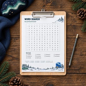 May include: A word search puzzle sheet on a wooden clipboard with a pencil. The puzzle features a grid of letters, a word bank with terms like Aurora and Oxygen, and illustrations of snowy pine trees and the northern lights at the bottom.