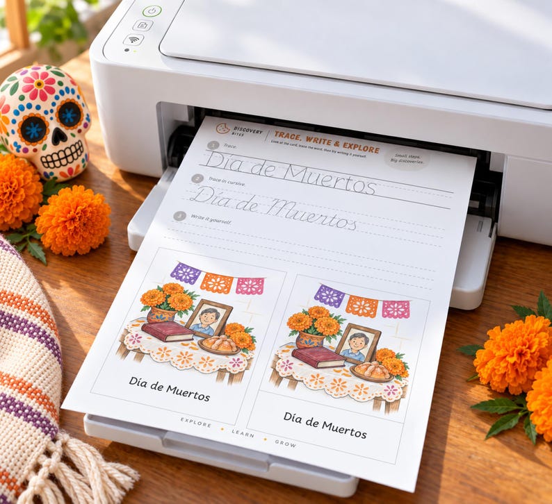 May include: A white printer outputting a worksheet titled Trace, Write & Explore Dia de Muertos. The page features handwriting practice lines and two illustrations of an altar with marigolds, a framed photo, and bread.