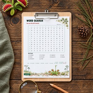 May include: A word search puzzle sheet on a wooden clipboard featuring a grid of letters, a word bank, and botanical illustrations of Venus flytraps and pine trees, accompanied by a magnifying glass and a wooden pencil.