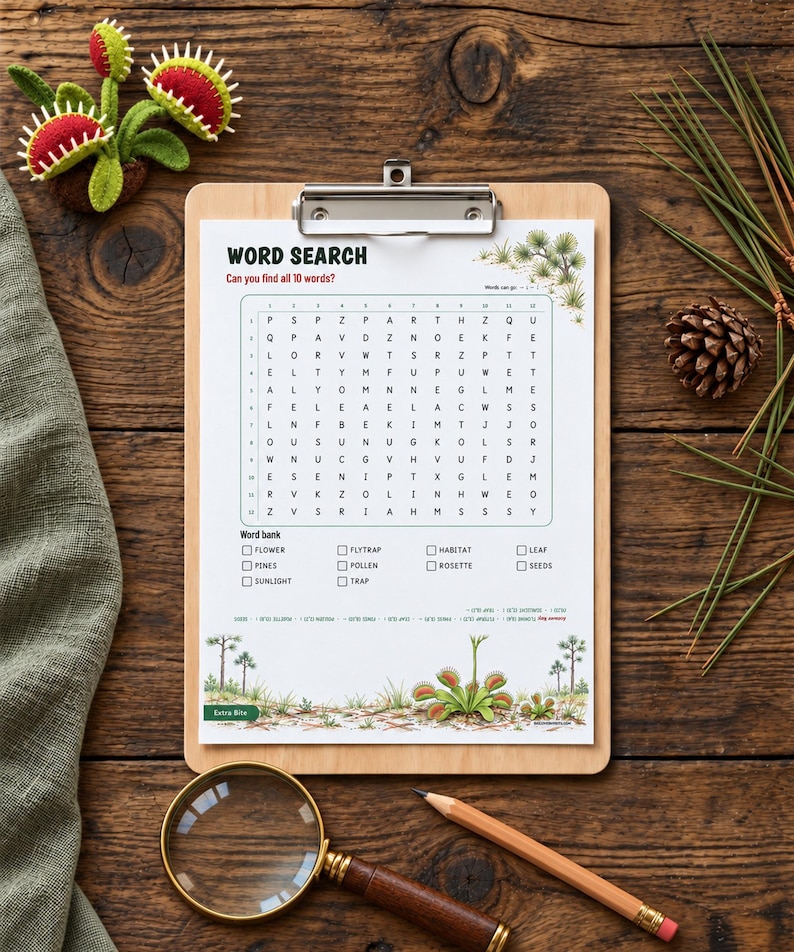 May include: A word search puzzle sheet on a wooden clipboard featuring a grid of letters, a word bank, and botanical illustrations of Venus flytraps and pine trees, accompanied by a magnifying glass and a wooden pencil.
