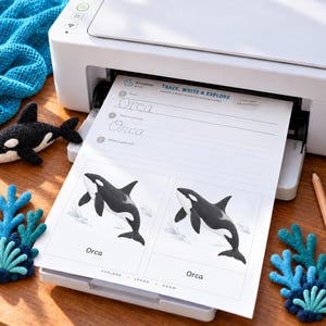 May include: A white printer outputting a worksheet titled TRACE, WRITE & EXPLORE with orca illustrations and writing practice lines. A felt orca toy and blue felt coral pieces are arranged nearby on a wooden surface with a wooden pencil.