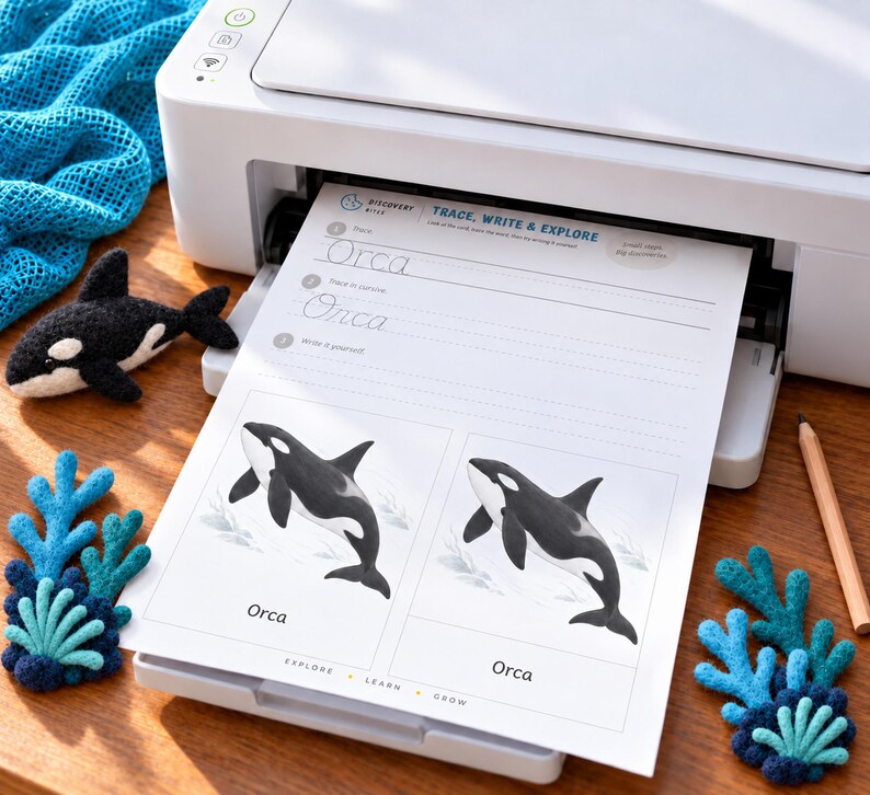 May include: A white printer outputting a worksheet titled TRACE, WRITE & EXPLORE with orca illustrations and writing practice lines. A felt orca toy and blue felt coral pieces are arranged nearby on a wooden surface with a wooden pencil.
