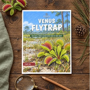 May include: A rectangular book titled Venus Flytrap with a cover illustration of a green and red plant in a marshy landscape. The text reads Discovery, Venus Flytrap, How does a Venus Flytrap know when to snap shut?, Discover, Learn, Explore, and Plant Life.