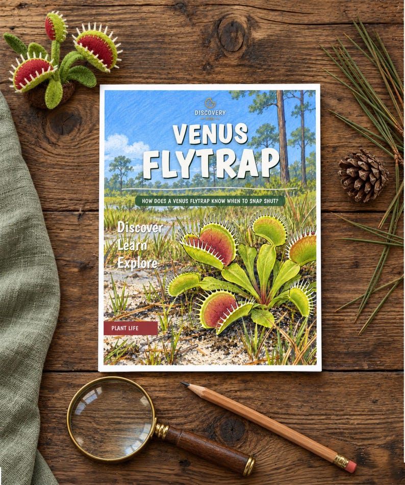 May include: A rectangular book titled Venus Flytrap with a cover illustration of a green and red plant in a marshy landscape. The text reads Discovery, Venus Flytrap, How does a Venus Flytrap know when to snap shut?, Discover, Learn, Explore, and Plant Life.