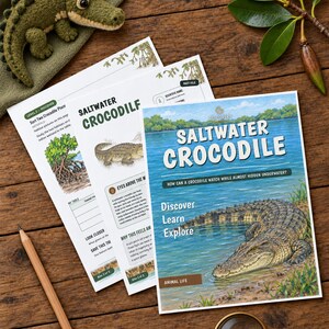May include: Educational activity sheets titled Saltwater Crocodile featuring illustrations of crocodiles, a wooden pencil, a magnifying glass, and a small green plush crocodile toy. The text includes Saltwater Crocodile, Discover Learn Explore, and Animal Life.