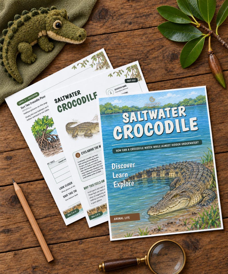 May include: Educational activity sheets titled Saltwater Crocodile featuring illustrations of crocodiles, a wooden pencil, a magnifying glass, and a small green plush crocodile toy. The text includes Saltwater Crocodile, Discover Learn Explore, and Animal Life.