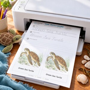 Puede incluir: Una impresora blanca imprimiendo una hoja de ejercicios titulada Trace, Write & Explore Green Sea Turtle. La p&aacute;gina incluye l&iacute;neas de pr&aacute;ctica de caligraf&iacute;a y dos ilustraciones de tortugas marinas con el texto Green Sea Turtle.