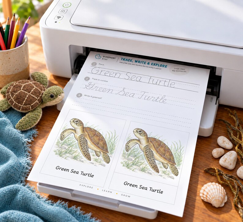 Puede incluir: Una impresora blanca imprimiendo una hoja de ejercicios titulada Trace, Write & Explore Green Sea Turtle. La p&aacute;gina incluye l&iacute;neas de pr&aacute;ctica de caligraf&iacute;a y dos ilustraciones de tortugas marinas con el texto Green Sea Turtle.