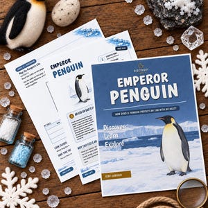 May include: An educational activity set about Emperor Penguins featuring printed worksheets with text, a felt penguin figurine, a speckled egg, two small glass jars filled with white and blue beads, white crochet snowflakes, and a magnifying glass.