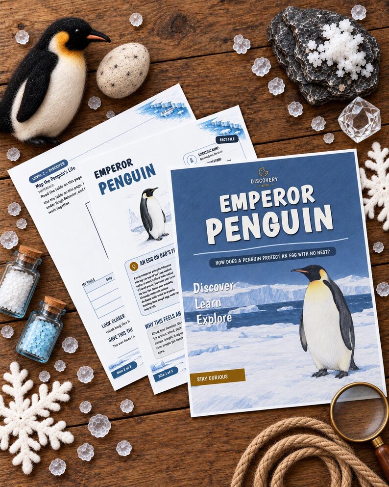 May include: An educational activity set about Emperor Penguins featuring printed worksheets with text, a felt penguin figurine, a speckled egg, two small glass jars filled with white and blue beads, white crochet snowflakes, and a magnifying glass.