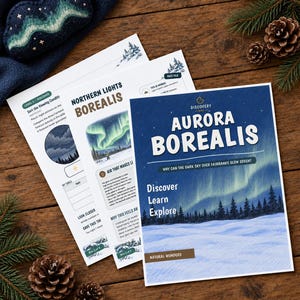 May include: A set of educational activity sheets titled Aurora Borealis, featuring illustrations of green northern lights over a snowy forest. The text includes Discover, Learn, Explore, and Natural Wonders. The sheets are arranged on a wooden surface with pine cones and a small embroidered patch of the aurora.
