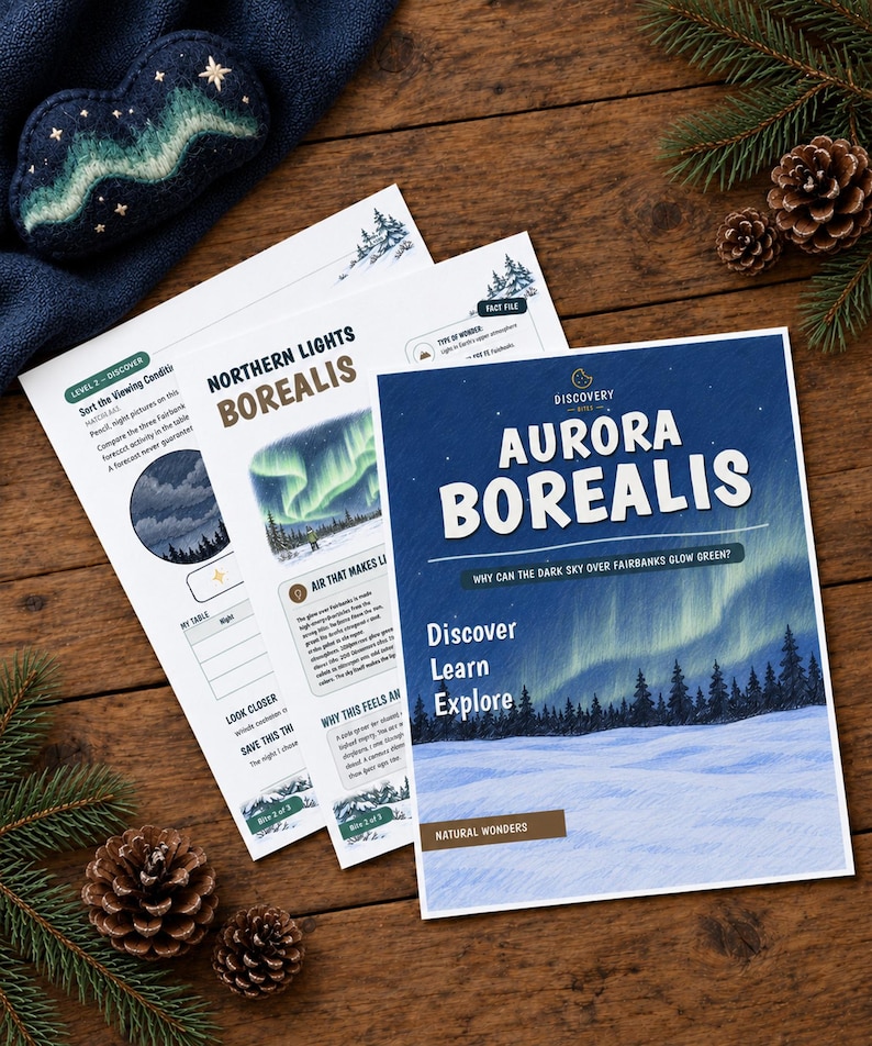 May include: A set of educational activity sheets titled Aurora Borealis, featuring illustrations of green northern lights over a snowy forest. The text includes Discover, Learn, Explore, and Natural Wonders. The sheets are arranged on a wooden surface with pine cones and a small embroidered patch of the aurora.