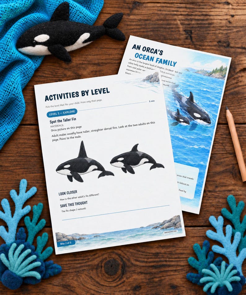 May include: Two educational activity sheets titled An Orca's Ocean Family and Activities By Level, featuring illustrations of orcas, text, and prompts. A felt orca toy, blue felt coral pieces, and a wooden pencil are arranged around the papers.