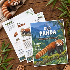 Puede incluir: Un peluche de panda rojo, un recorte de madera con forma de huella y tres hojas de actividades educativas tituladas Red Panda con ilustraciones de pandas rojos y texto sobre su h&aacute;bitat, dispuestas sobre una superficie de madera.