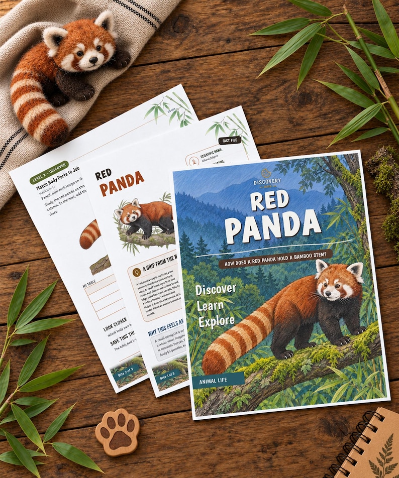 Puede incluir: Un peluche de panda rojo, un recorte de madera con forma de huella y tres hojas de actividades educativas tituladas Red Panda con ilustraciones de pandas rojos y texto sobre su h&aacute;bitat, dispuestas sobre una superficie de madera.
