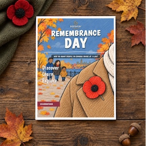 May include: A book titled Remembrance Day with the subtitle Why do many people in Canada pause at 11:00? The cover features an illustration of three people walking in an autumn park, a tan coat with a red poppy pin, and the text Discover Learn Explore.