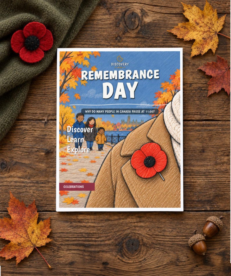 May include: A book titled Remembrance Day with the subtitle Why do many people in Canada pause at 11:00? The cover features an illustration of three people walking in an autumn park, a tan coat with a red poppy pin, and the text Discover Learn Explore.
