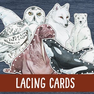 Tarjetas imprimibles de animales árticos para atar / Actividades de motricidad fina Montessori / Materiales de aprendizaje preescolar / Juegos educativos de invierno
