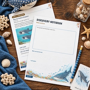 May include: A Discovery Notebook activity sheet featuring a whale shark illustration, a blank drawing box, and prompts for reflection. Includes a blue whale shark plush, a pencil, a small jar of seashells, and a whale shark card on a wooden surface.