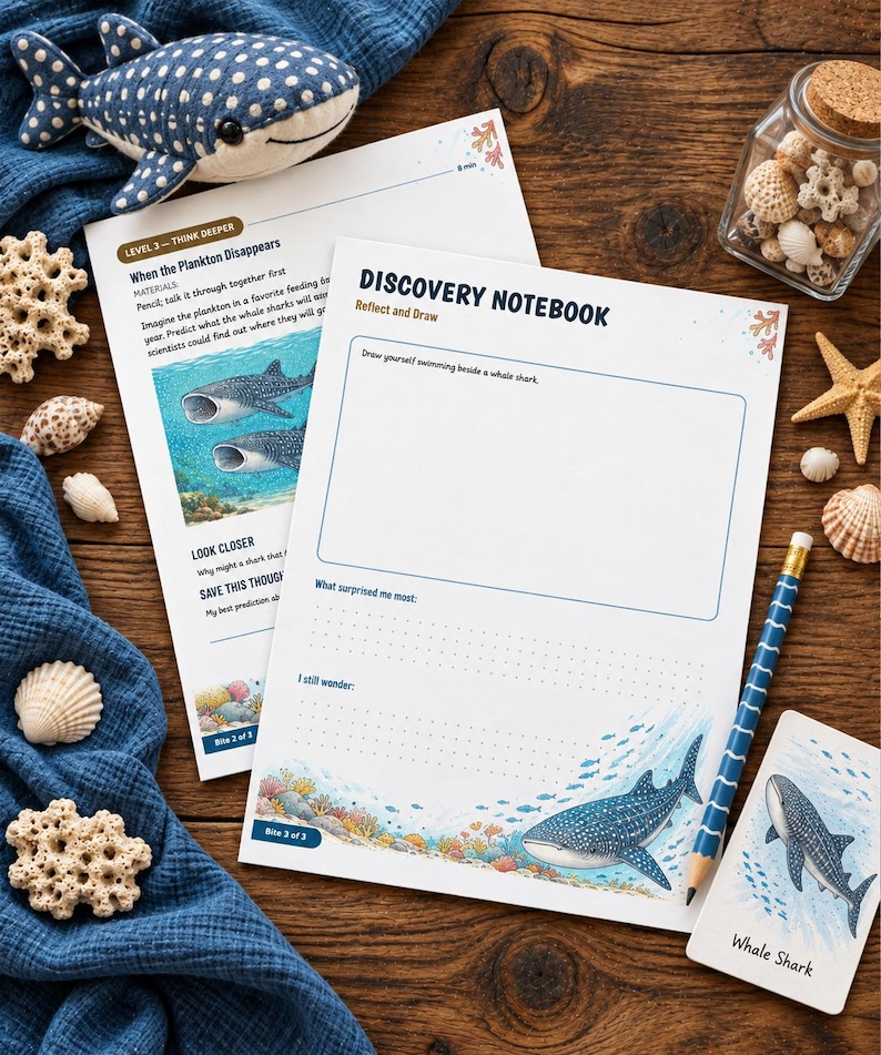 May include: A Discovery Notebook activity sheet featuring a whale shark illustration, a blank drawing box, and prompts for reflection. Includes a blue whale shark plush, a pencil, a small jar of seashells, and a whale shark card on a wooden surface.