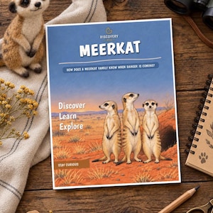 K&ouml;nnte beinhalten: Ein rechteckiges Lehrplakat mit dem Titel MEERKAT und dem Untertitel HOW DOES A MEERKAT FAMILY KNOW WHEN DANGER IS COMING? Das Plakat zeigt eine Illustration von drei Erdm&auml;nnchen in einer W&uuml;stenlandschaft mit dem Text Discover Learn Explore.