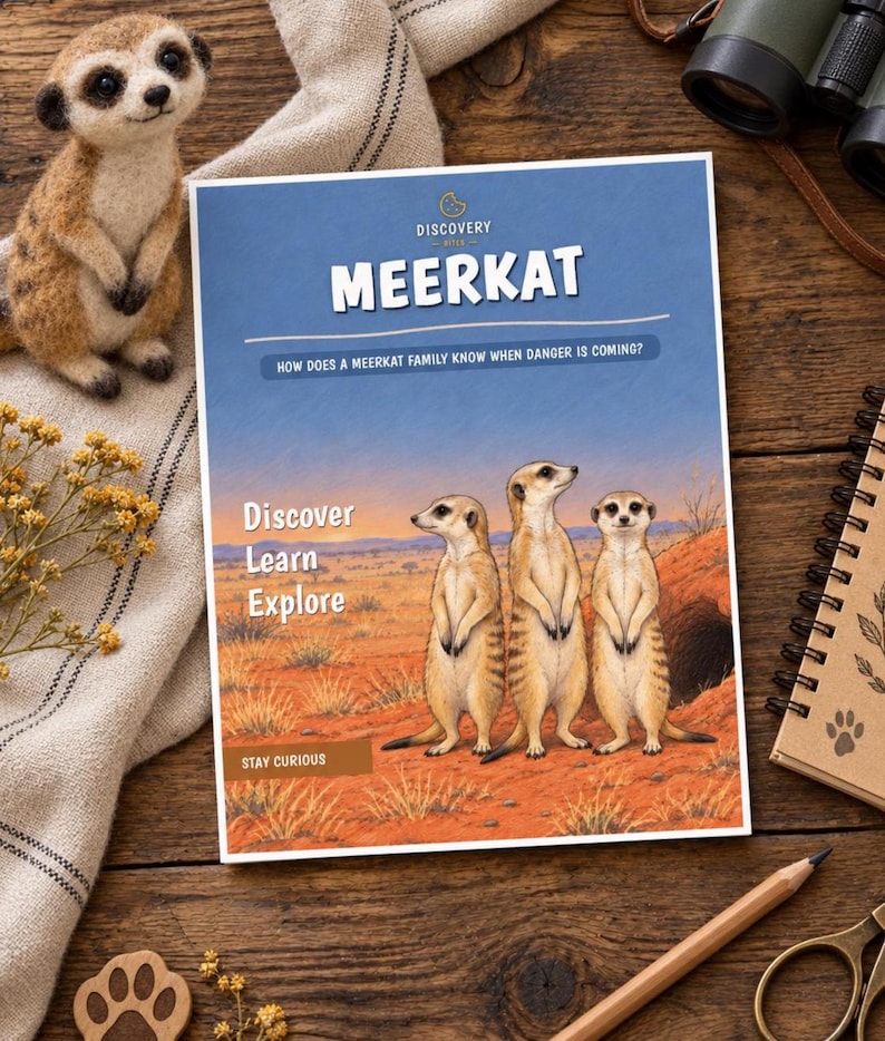 K&ouml;nnte beinhalten: Ein rechteckiges Lehrplakat mit dem Titel MEERKAT und dem Untertitel HOW DOES A MEERKAT FAMILY KNOW WHEN DANGER IS COMING? Das Plakat zeigt eine Illustration von drei Erdm&auml;nnchen in einer W&uuml;stenlandschaft mit dem Text Discover Learn Explore.