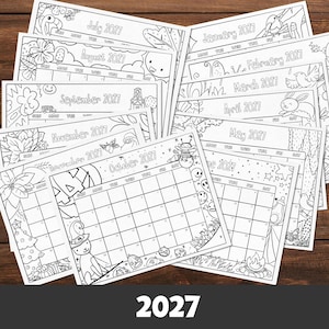 Puede incluir: Una colección de páginas de calendario imprimibles en blanco y negro para el año 2027. Cada página presenta una cuadrícula mensual única con ilustraciones estacionales, incluyendo una calabaza para octubre, un árbol de Navidad para diciembre y un conejo para abril.