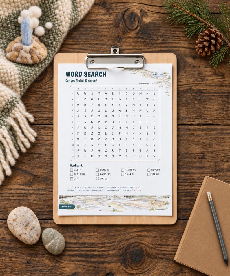 May include: A word search puzzle printed on white paper, secured to a wooden clipboard. The puzzle features a grid of letters, a word bank with terms like basin, pressure, and vent, and a landscape illustration at the top and bottom.